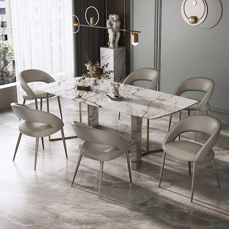 Modern leather minimalist soft bag, hollow dining chair, metal leg home dining chair