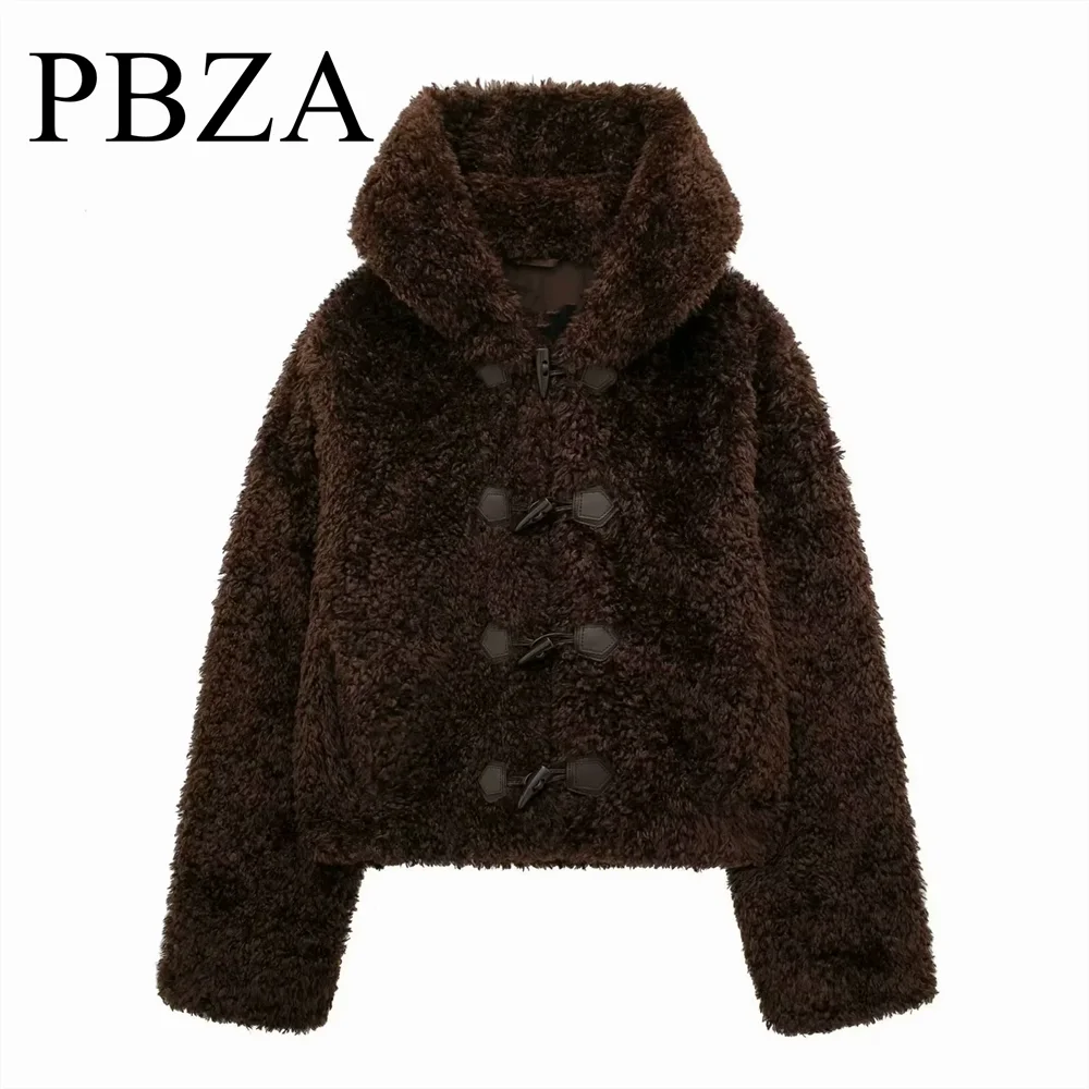 

2024 autumn and winter new sweet cow horn button decoration lamb wool effect hooded coat jacket for women