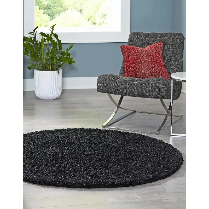 Uniek Weefgetouw Massief Shag-Inzamelingskleed (6 '1 "Rond, Gitzwart)