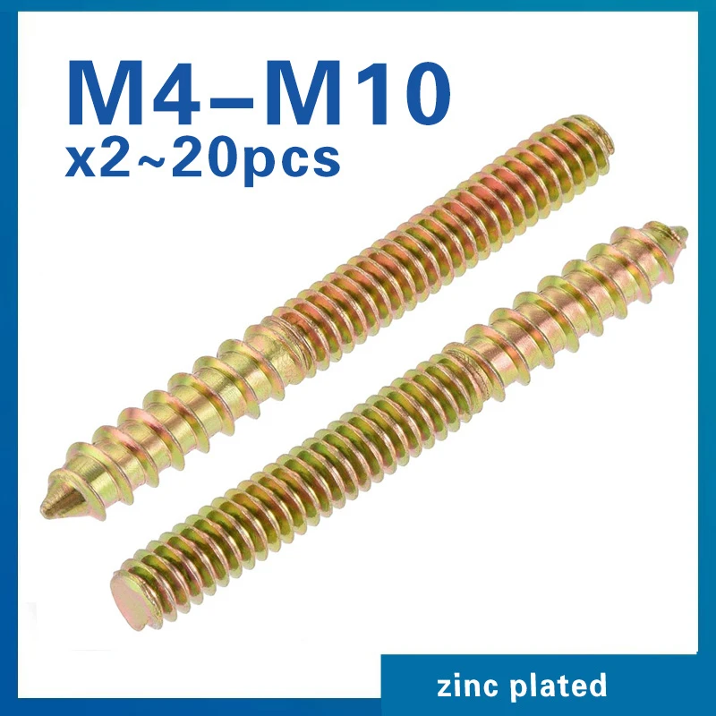 Hanger Bolts Double Headed Yellow Zinc Plated M4 M5 M6 M8 M10 Dowel Screw Self-Tapping Screw for Wood Furniture