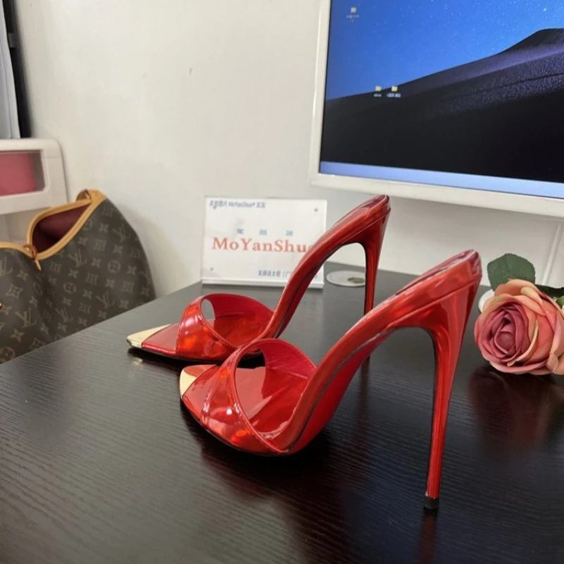 pointed Open Toe High Heel Shoes Woman Summer OutsideSlipper Party Stiletto Luxury Designer Patent Leather Women Sandals image 6