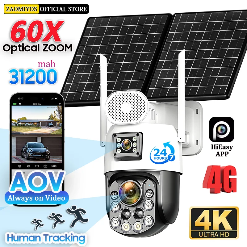 

10MP Outdoor Surveillance Solar Cameras 60X Optical 4G Sim Wireless Home Security PTZ Auto Tracking CCTV AOV 24/7 Recording Cam
