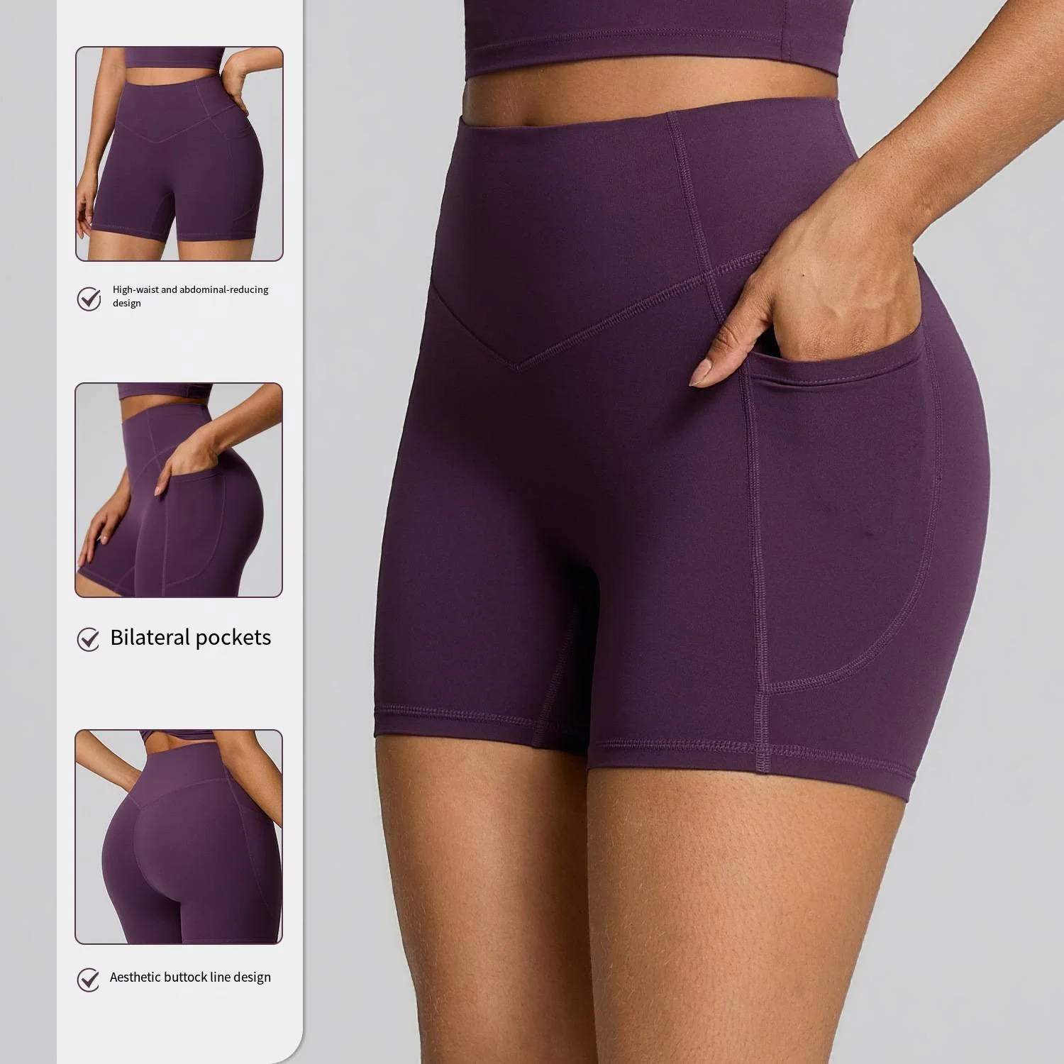 Women High Waist Yoga Shorts With Pockets Butt Lifting Tummy Control High Stretch Slim Fit Workout Running Shorts