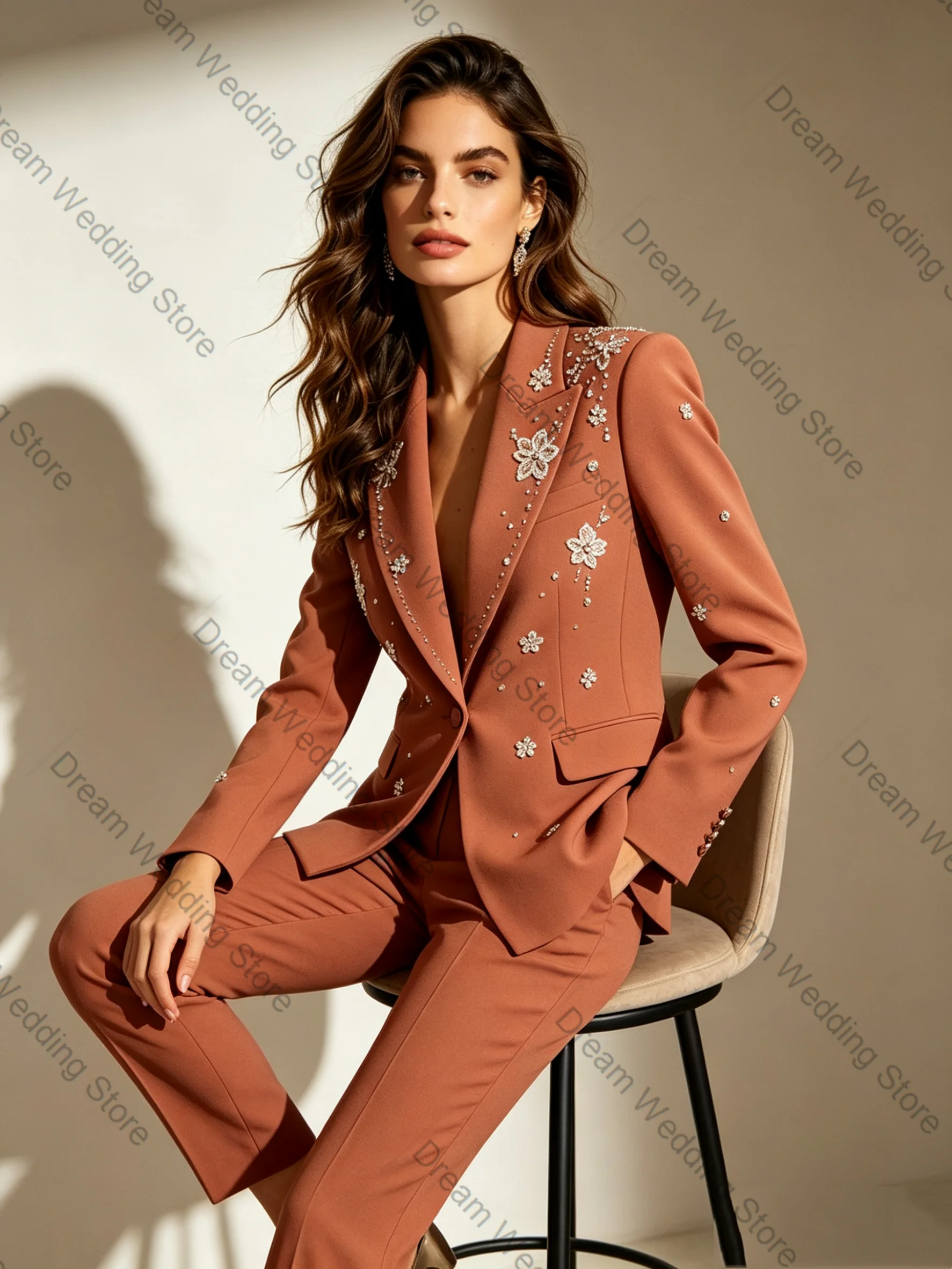 Spring Women Suit Set 2 Pcs Blazer Pants Trousers Flower Beaded Cotton Formal Office Lady Jacket Customized Wedding Guest Coat