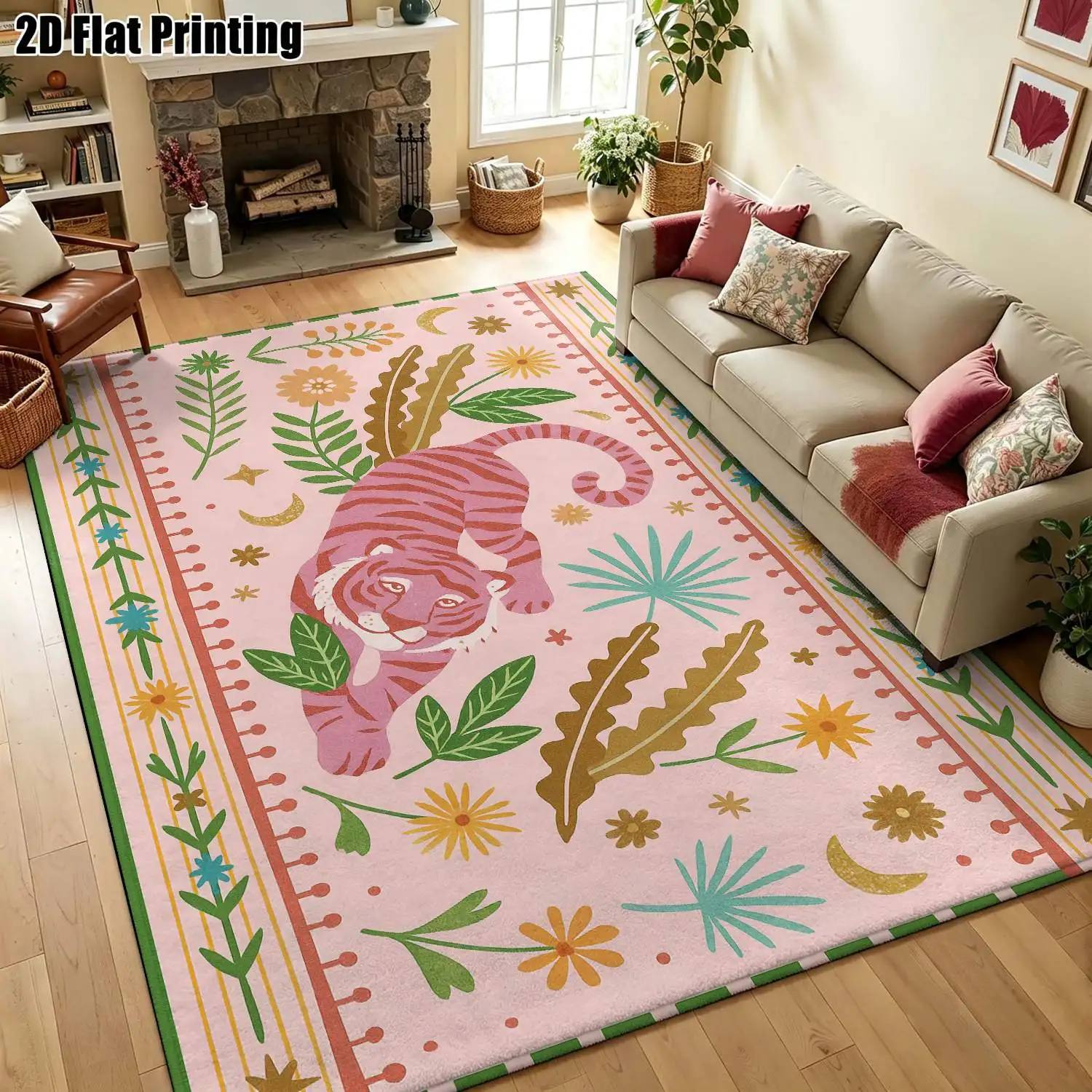 1Pc 2D Printed Pink Tiger Floral Carpet: Nordic/Instagram/Bohemian/European Modern Minimalist Home Decor Floor Mat, Multi-Size, Machine Washable, for Entrance, Dining, Foyer, Bedroom, Living Room