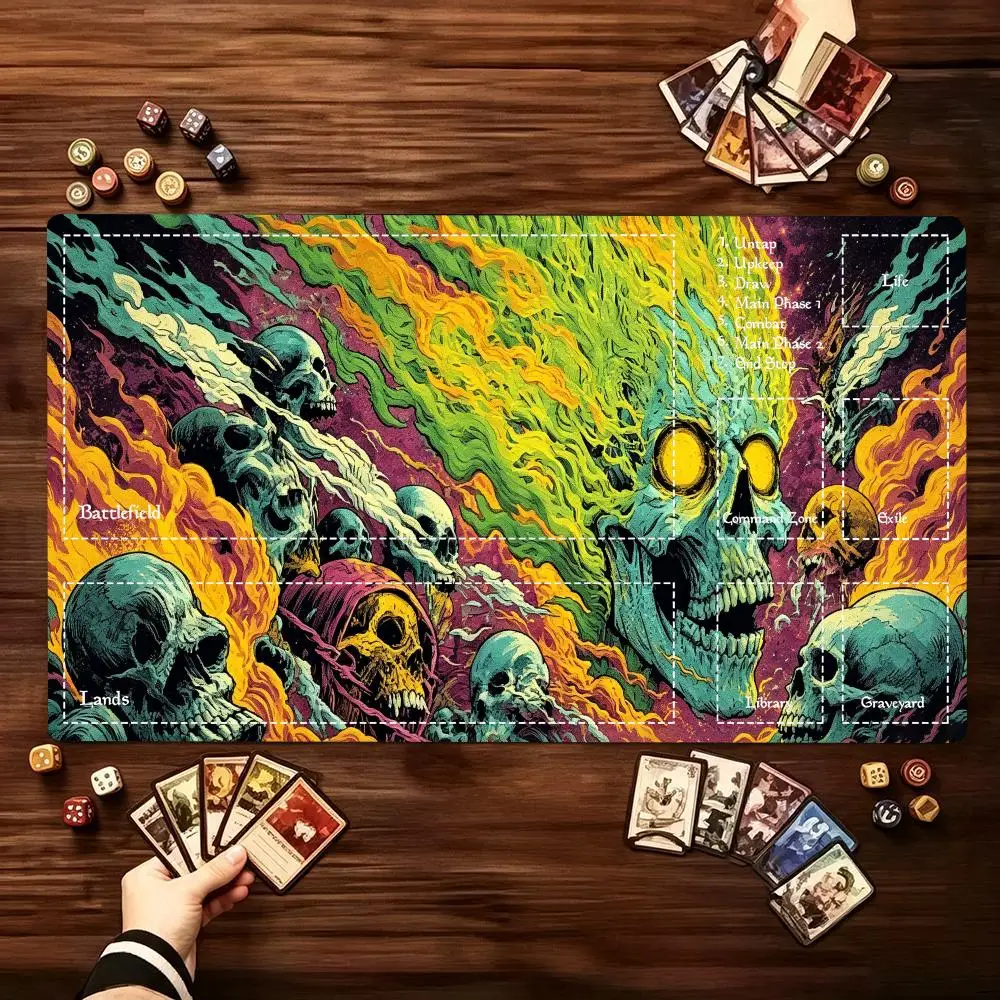 Vibrant Neon Psychedelic Skull Art Non‑Slip Rubber Game Playmat Smooth Table Mat For Tabletop Card Game Desktop Gaming Daily Use