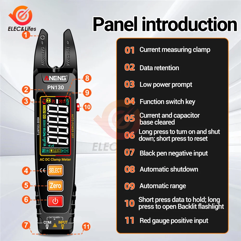 4000 Counts Clamp Meter U-shaped PN130 Smart Multimeter AC/DC 600V Voltage Current Resistance NCV Sensing Test Tools