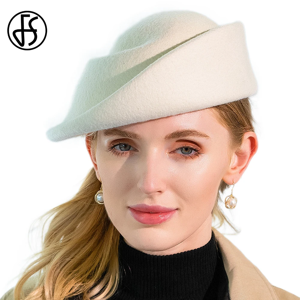 

FS 2024 Vintage White Wool Top Hats For Women Elegant Winter Beret Tea Party Pillbox Hat Ladies Church Fedoras Chapeau Femme