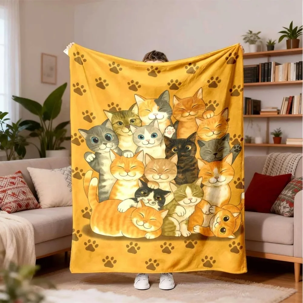 Cute Cartoon Stacked Kittens Cat Paw Print Flannel Blanket Soft Warm Fleece Throw Blanket Lightweight Pet Cat Lover Decor Gift