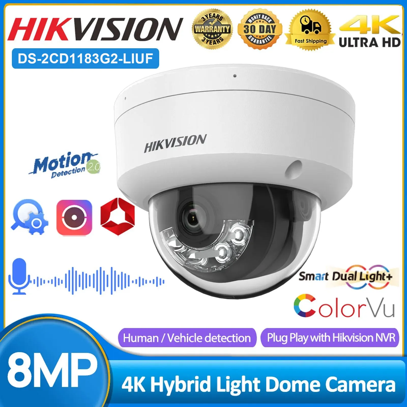 

Купольная IP-камера Hikvision DS-2CD1183G2-LIUF 8 МП 4K POE со встроенным микрофоном, интеллектуальной гибридной подсветкой, ИК-подсветкой, слотом для SD-карты, для сетевой безопасности