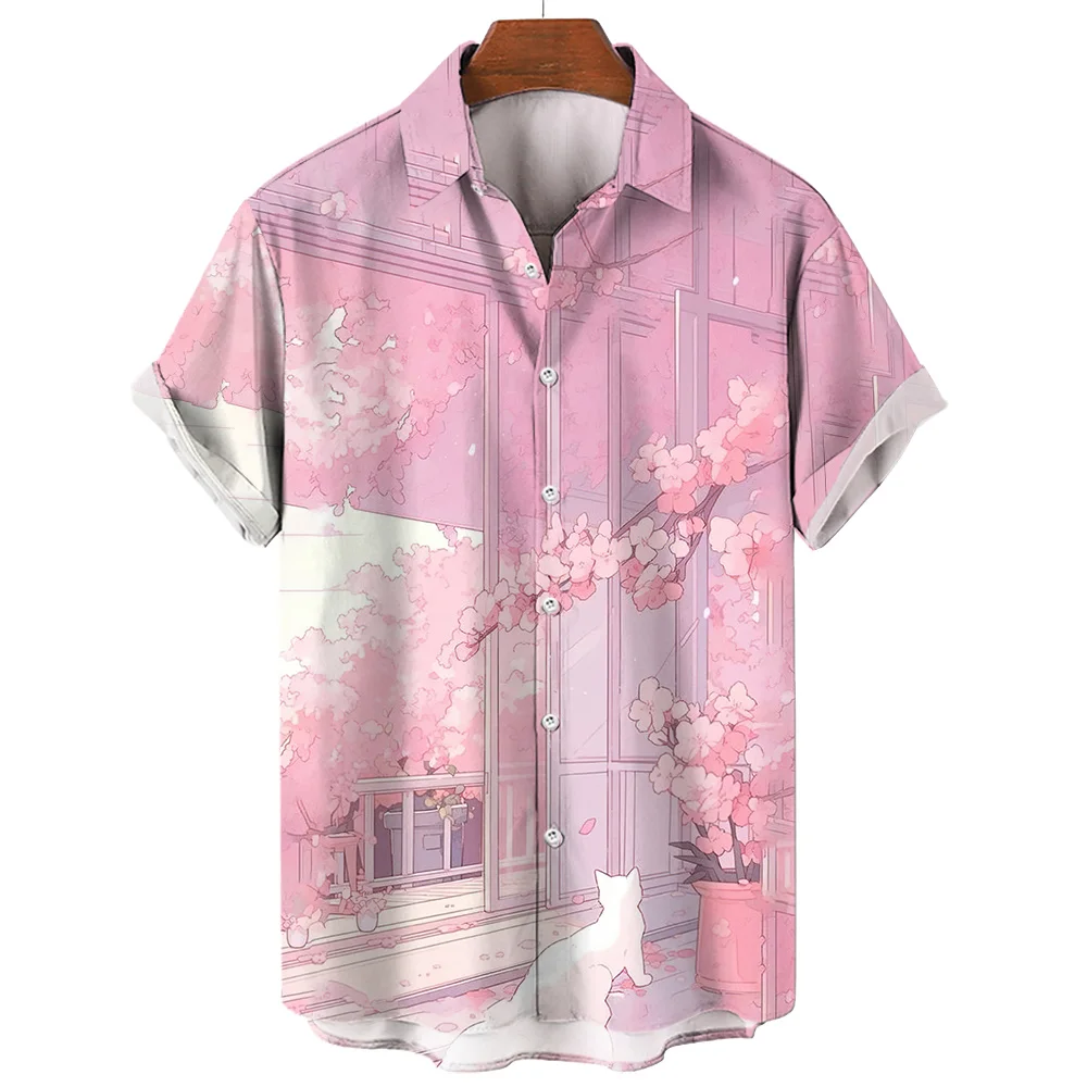 Camisa masculina com padrão paisagem, camiseta casual extragrande, tops de manga curta, streetwear Harajuku, roupas masculinas, verão