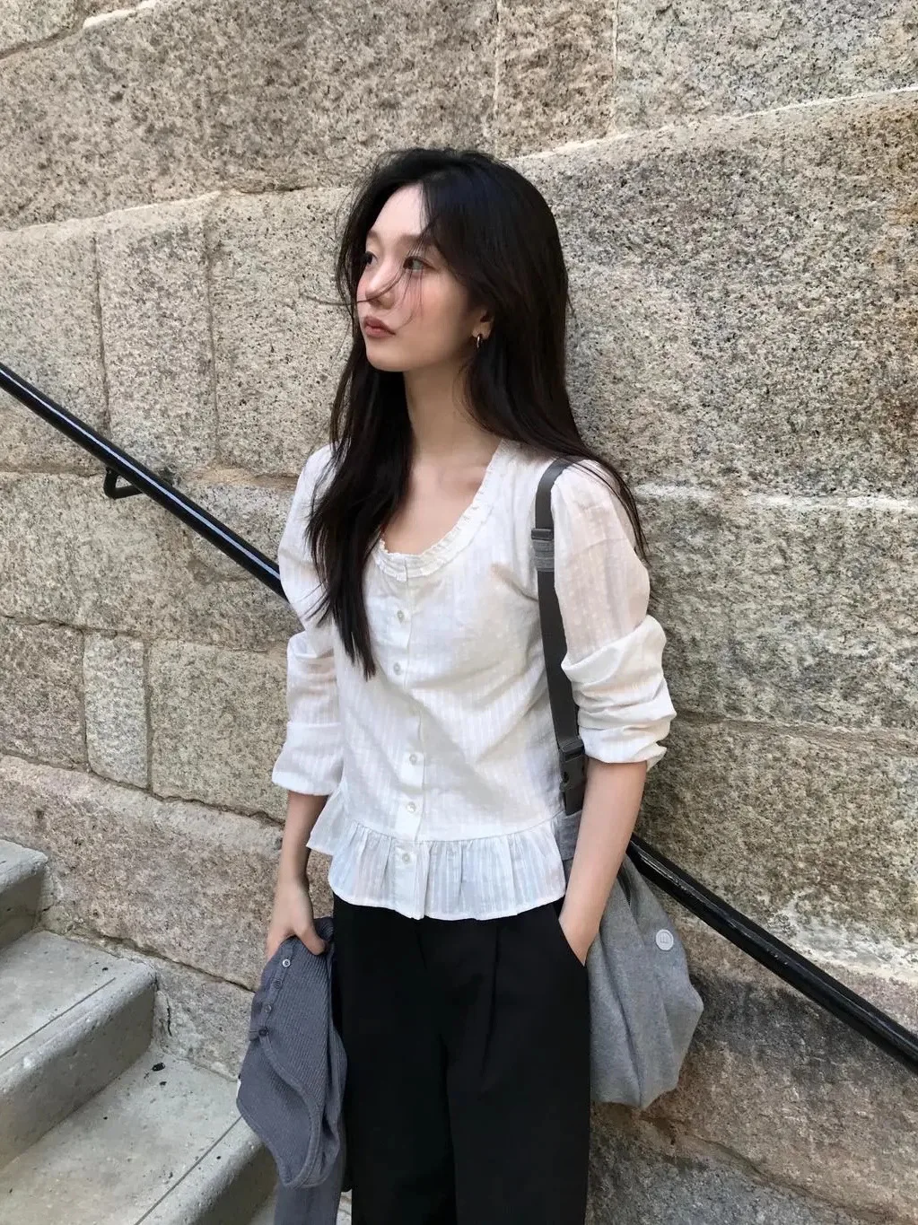 

Letterfommoon Spring 2026 New Style Women's Shirt with Lace Hem Korean Loose Fit Long Sleeve Cotton Gauze Shirt