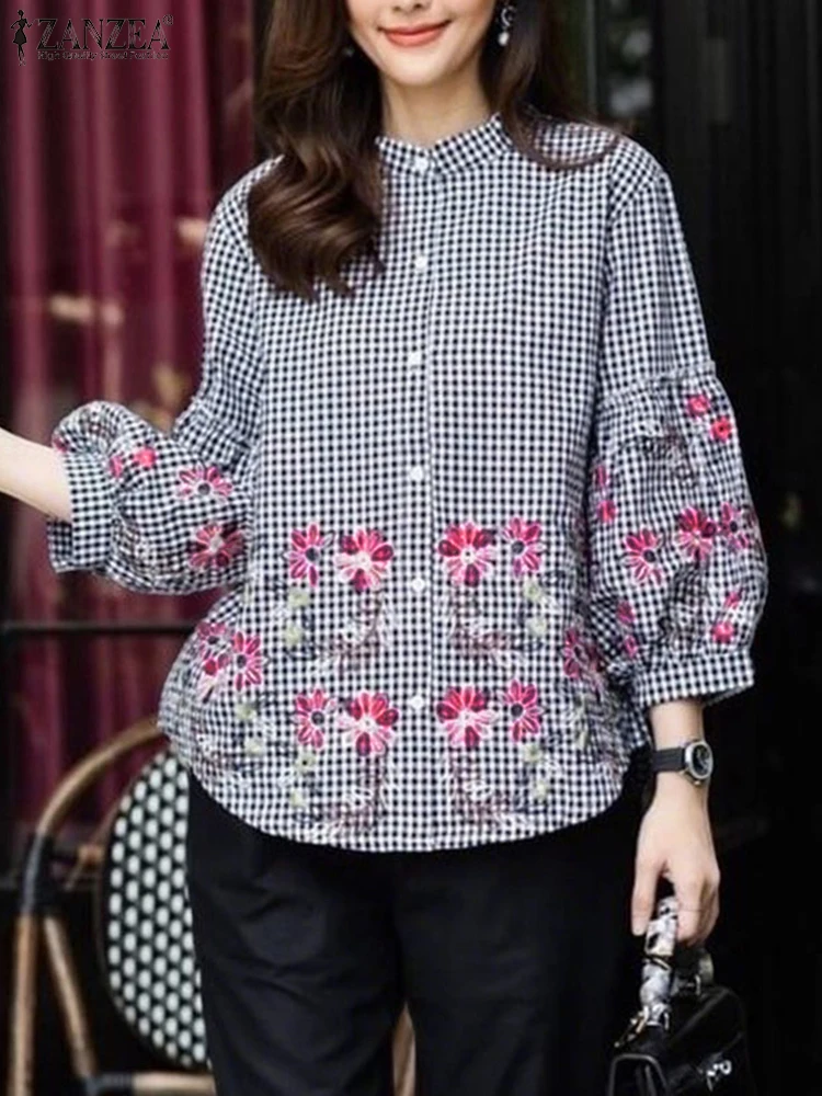 เสื้อเชิ้ตแฟชั่นลายสก็อต ZANZEA เสื้อผู้หญิงแขนทรงโคมพิมพ์ลายดอกไม้ เสื้อผ้าสไตล์วินเทจลำลองสำหรับฤดูใบไม้ร่วงปี 2025 เสื้อคอตั้งสำหรับใส่ทำงาน