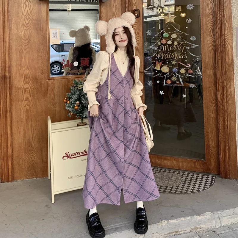 Foreign style retro purple plaid woolen vest skirt women's 2024 spring fashionable high-end plaid interior dress