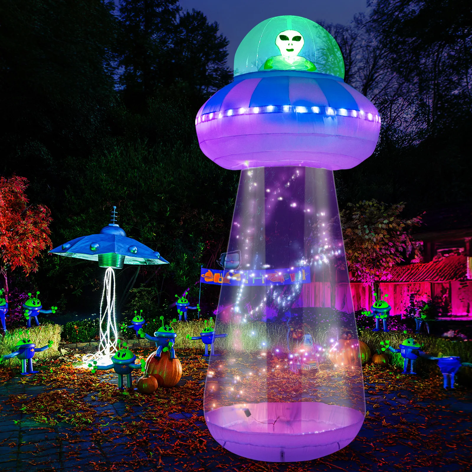 10 FT Halloween Inflatables Outdoor Decorations, Alien Halloween Blow Up Yard Decor with LED Lights, UFO Inflatable Halloween