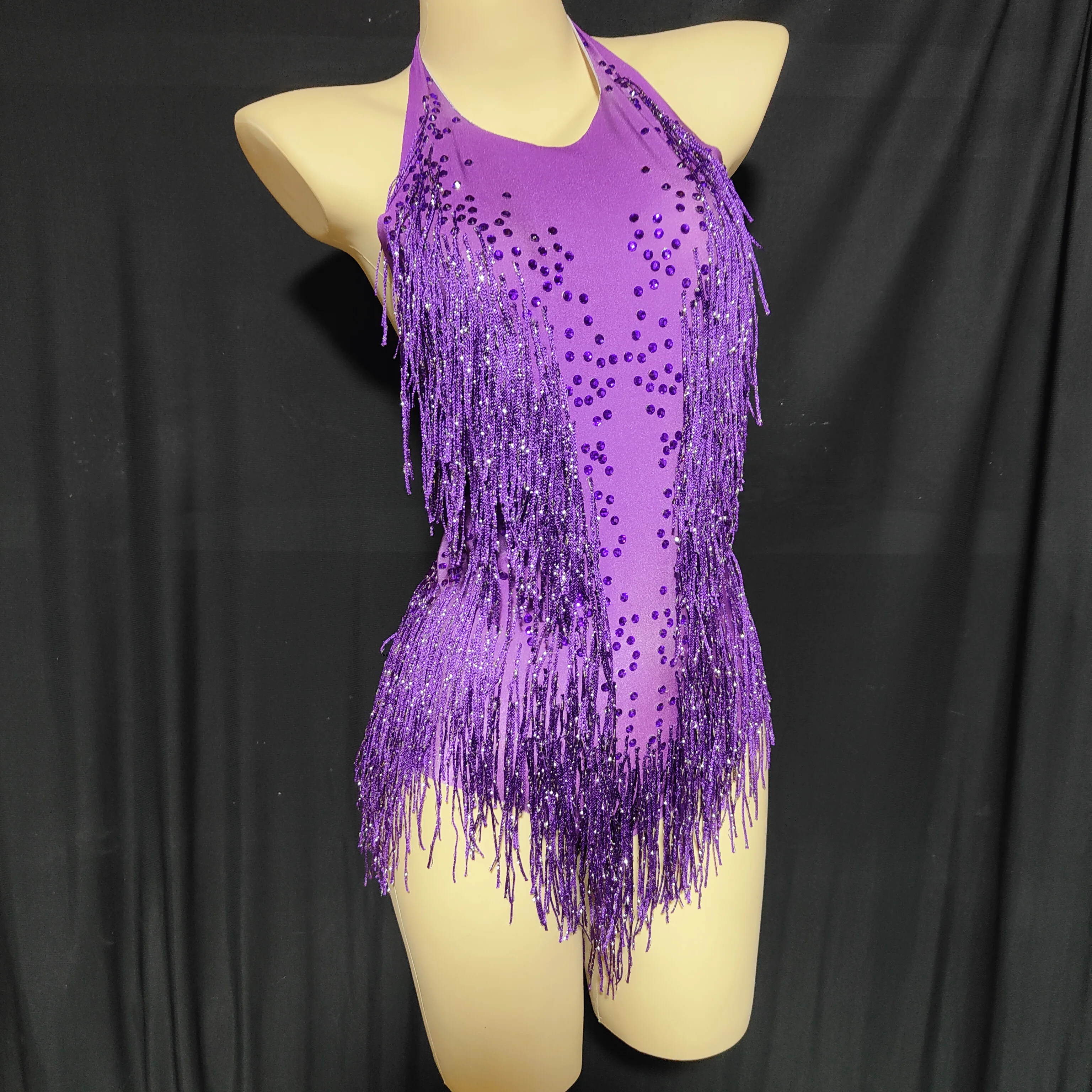 

Sparkly Rhinestone Bodysuit Purple Tassel Leotard Nightclub Dance Wear Show women Stage Jazz DJ Party Singer Outfit Costumes