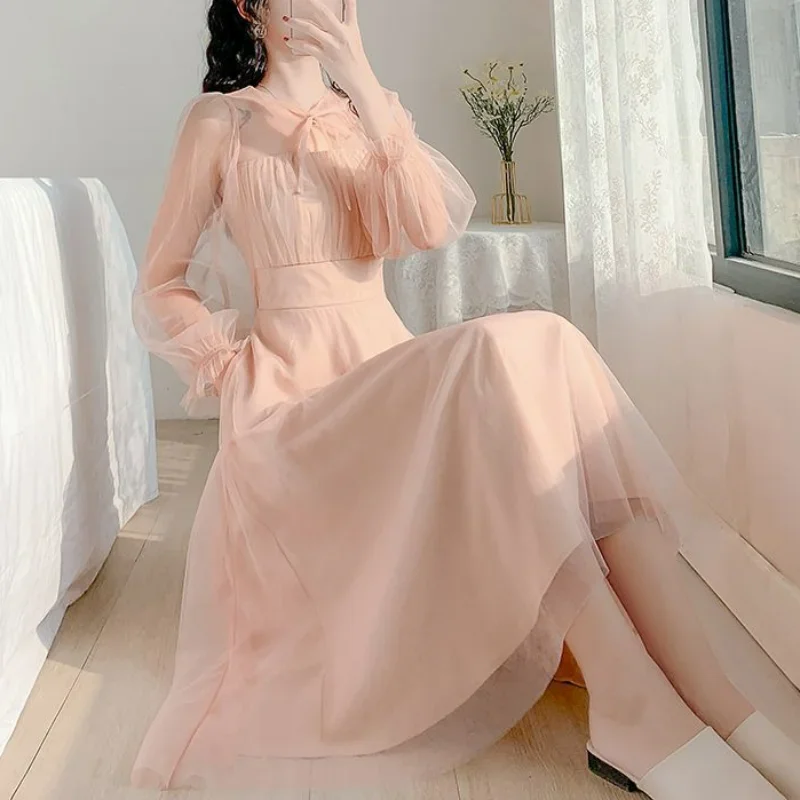 Spring New French Fairy Gauze Dress Pink Round Neck Bow Drawstring Gentle Style Slim Patchwork Long Sleeved Dresses CY177