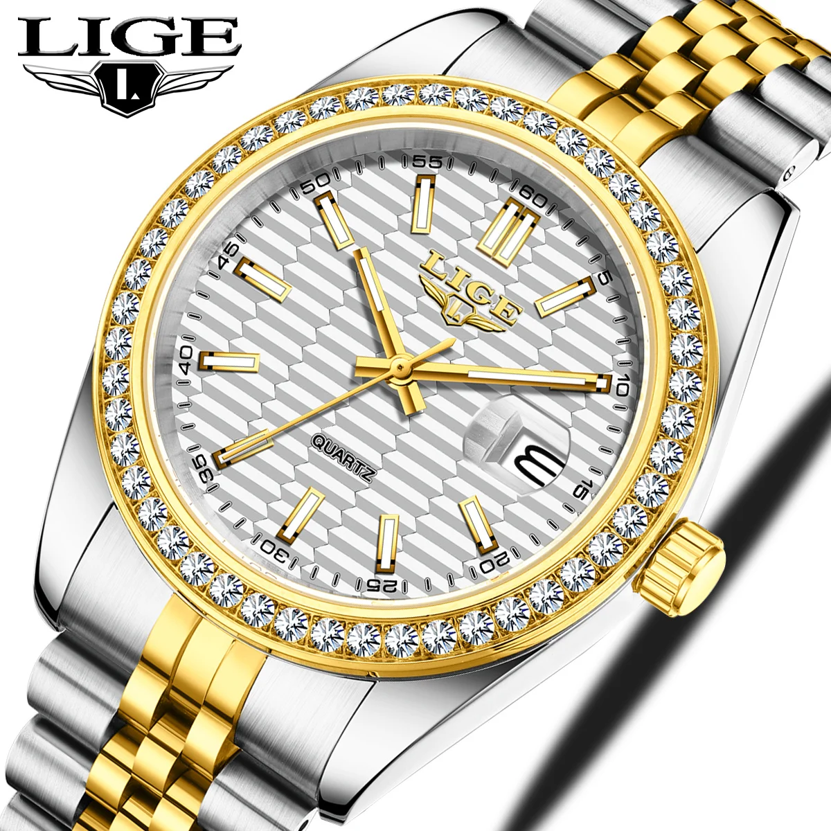 

LIGE Mens Watch Fashion Diamond Dial Waterproof Quartz Watches Classic Luxury Business Luminous Date Stainless Steel Man Watch