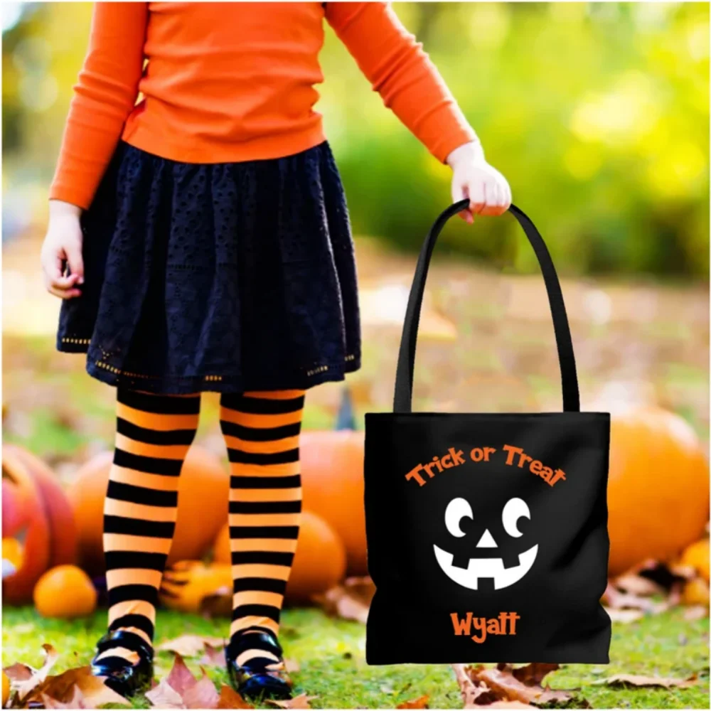 حقيبة خدعة أو علاج، تتوهج في الظلام، حقائب الهالوين المخصصة، الفتيات والفتيان، إضافة اسمك، وجه اليقطين اللطيف - هدايا مصنوعة حسب الطلب #4