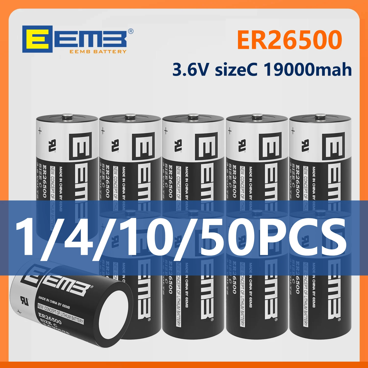 1/4/10/50PCS EEMB ER26500 3.6V C Size Lithium Battery 9000mAh Non‑rechargeable Li‑SOCl₂ Battery for Water Meter IoT Sensor