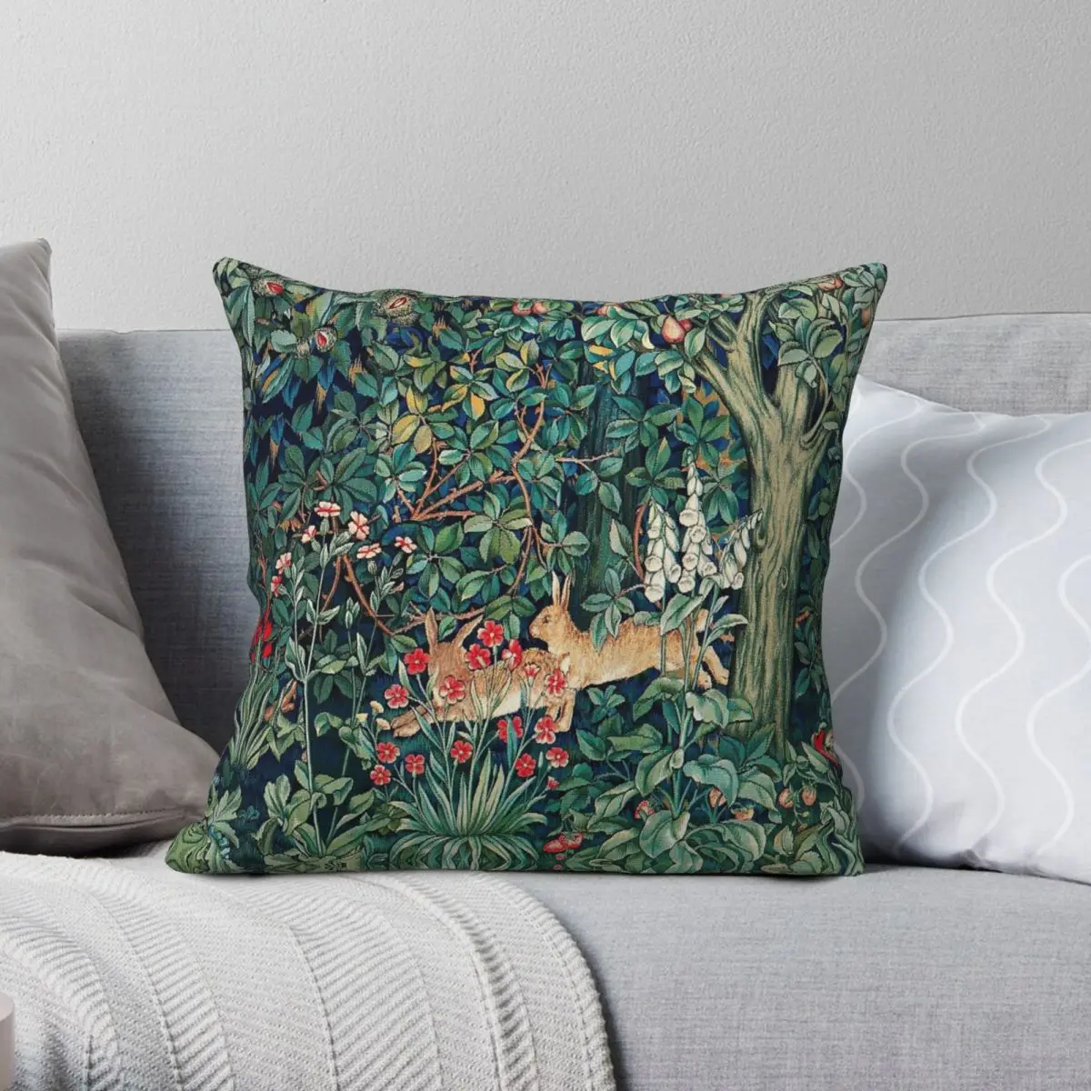 Forest Animals Hares Blue Green Floral Square Pillowcase Polyester Linen Velvet Pattern Zip Decor Home Cushion Cover