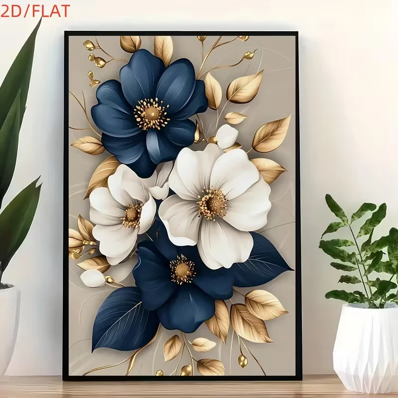2D Flat, 1 2D Flat Elegant White and Navy Blue Flower Bouquet with Golden Leaves Canvas Print Poster, Modern Wall Art Decoration