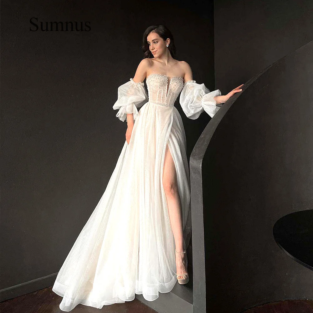 

Sumnus Glitter Tulle High Slit Wedding Dress Pearls Corset Sweetheart Bridal Gowns Luxury Long Wedding Gown With Puff Sleeve