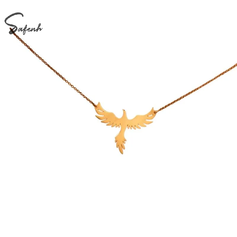 Dainty Rising Phoenix Pendant Necklace Stainless Steel Gold Plated Silver Fantasy Bird Charm