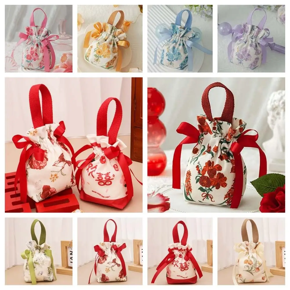 

Floral Canvas Drawstring Bag Sweet Korean Style Bird Bowknot Handbag Large Capacity Coin Purse Wallet Festive Sugar Bag Wedding