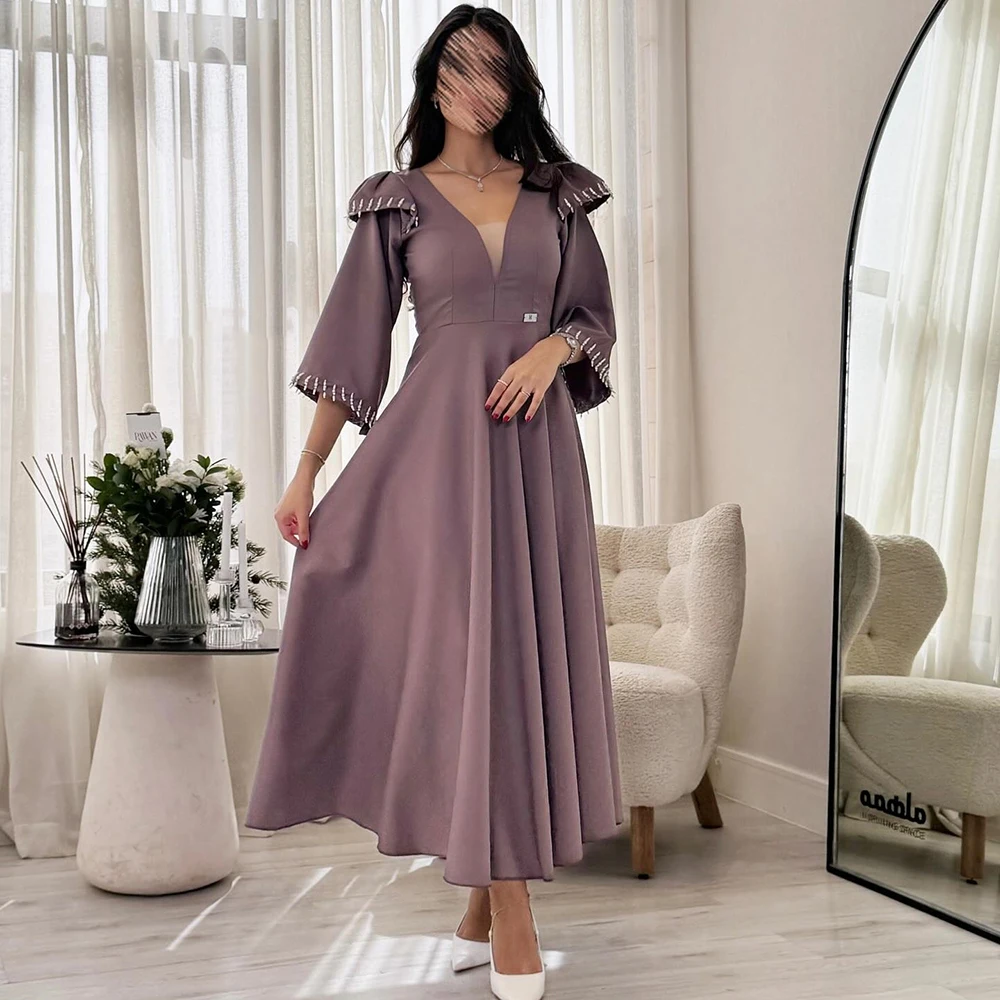 

Customized Simple V-neck Draped Jersey Evening Dress Half Sleeves With Crystal Party Dress Ankle Length Prom Gown For Women