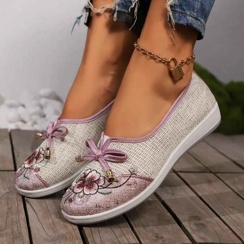 Women's Single Shoes Summer New Flat Embroidered Bow Matching Color Oxford Shoes Casual Comfort Increase Non-slip Cloth Shoes