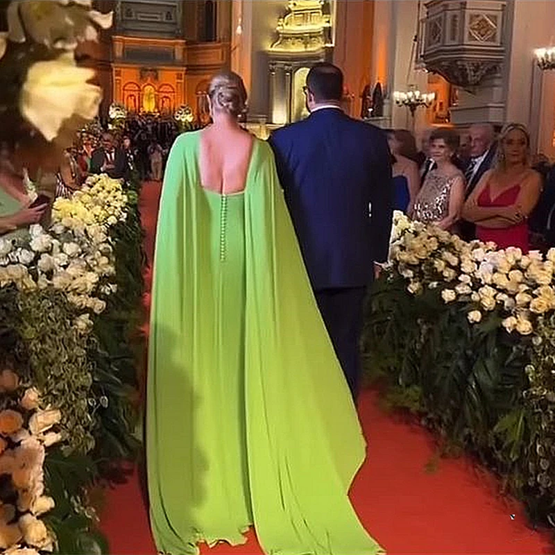 Elegant Light Green Evening Dresses For Women Sexy Backless Cape Sleeve Formal Occasion Gowns Simple A Line Long Celebrity Dress