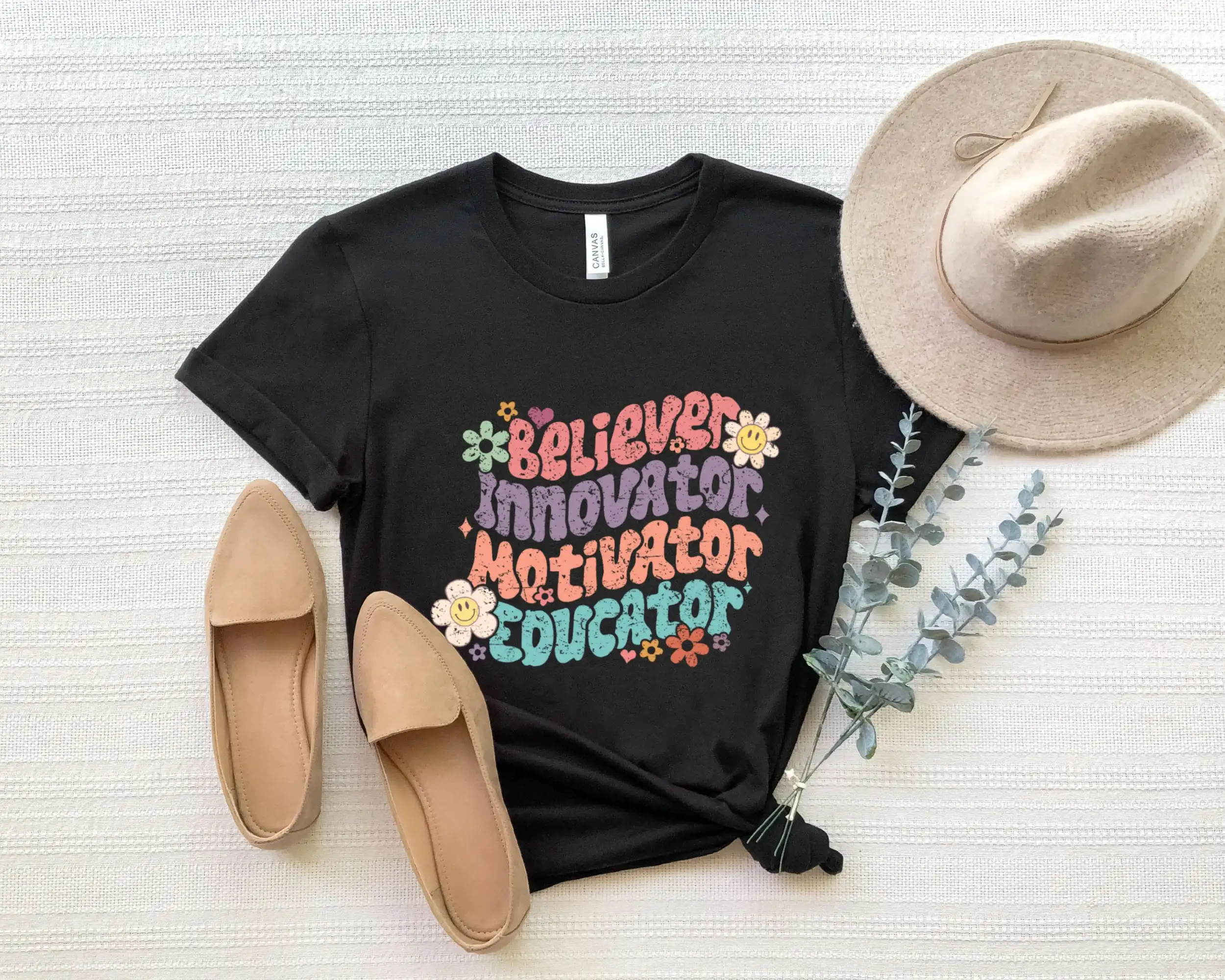 Believer Motivator Educator T Shirt Floral Retro Teacher Trendy Boho First Day of School Groovy Back Kindergarten