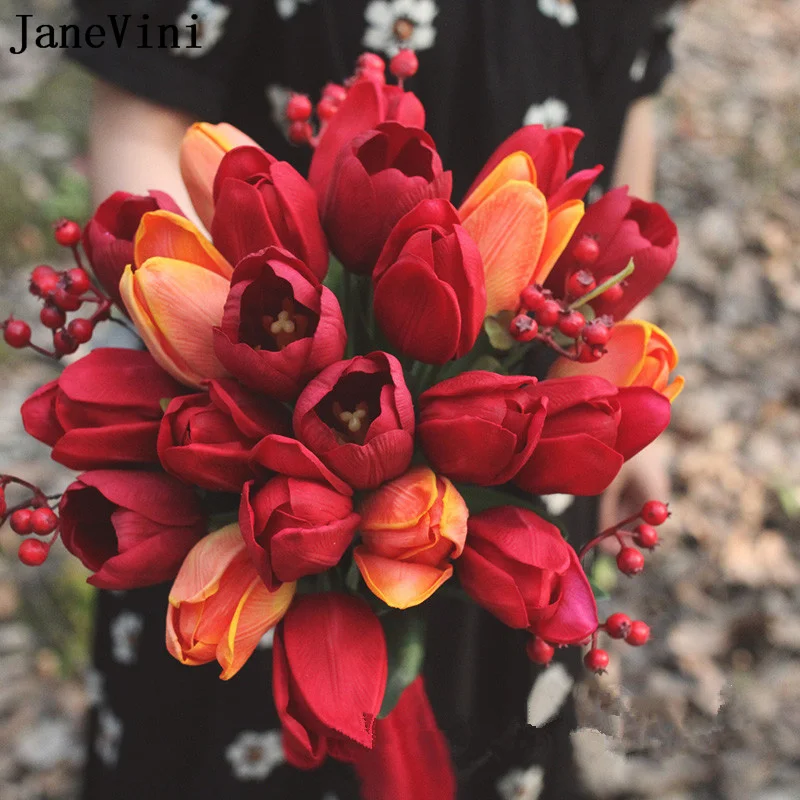 

JaneVini Red Tulip Artificial Fake Flowers Bouquet Bridal Flower for Wedding Bride Bouquets Accessories 2022 Ramo Flores Novia