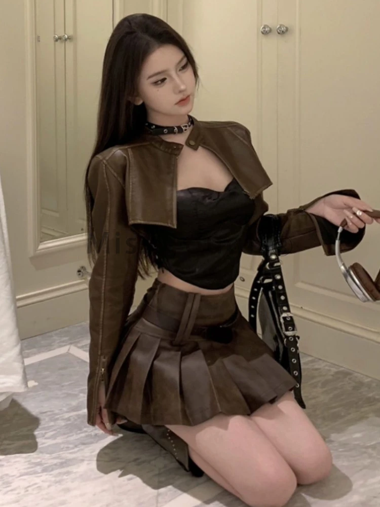 Aesthetic Vintage Loose Solid 2 Piece Set Women Fashion Y2k Long Sleeve O Neck Tops Female + High Waist Ruffle Short Skirt New