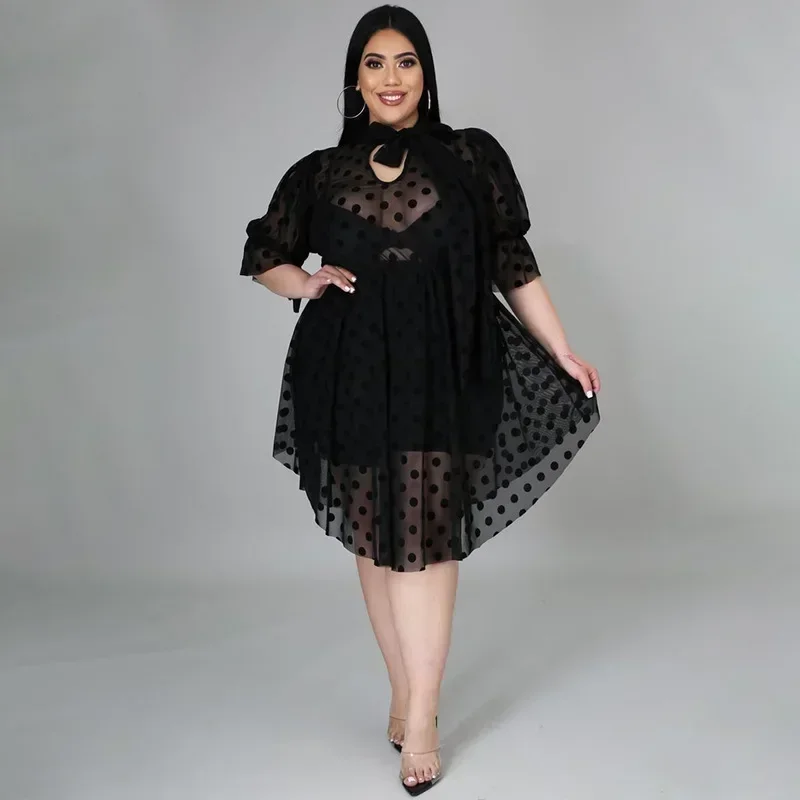 

GUWU Dot Mesh Sheer Club Dress Plus Size Women Black Ruffles Sexy Bodycon Dress See-through Night Party Dresses Vestido De Festa