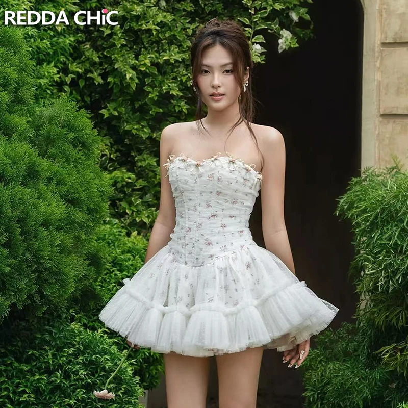 REDDACHiC Robe de soirée florale style Cottagecore, corset rétro en dentelle avec nœud, applique en dentelle, mini-robe tutu à volants, vêtements mignons pour femmes