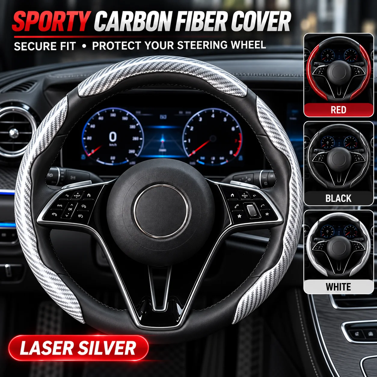 2/3PCS Universal Car Steering Wheel Cover, Non-Slip Laser Carbon Fiber Silicone Microfiber Leather PVC Interior Accessory