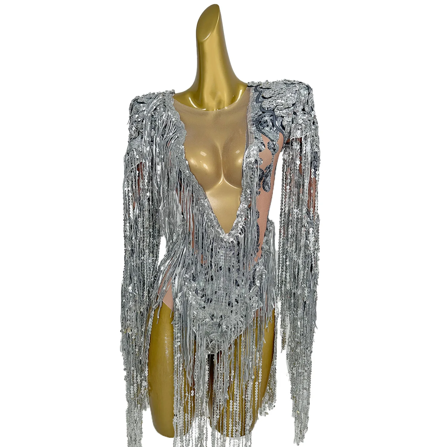 Shining Silver Tight Bodysuit Performance Dance Costume Women Sexy Mesh Stretch Sequins Fringes Nightclub Stage Outfit Liutang