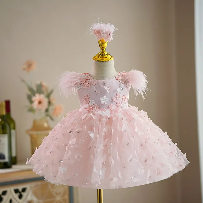 Vestidos de cumpleaños de lujo rosa para niñas, vestido de noche de princesa de bautismo para niños, ropa de fiesta de boda para niñas pequeñas