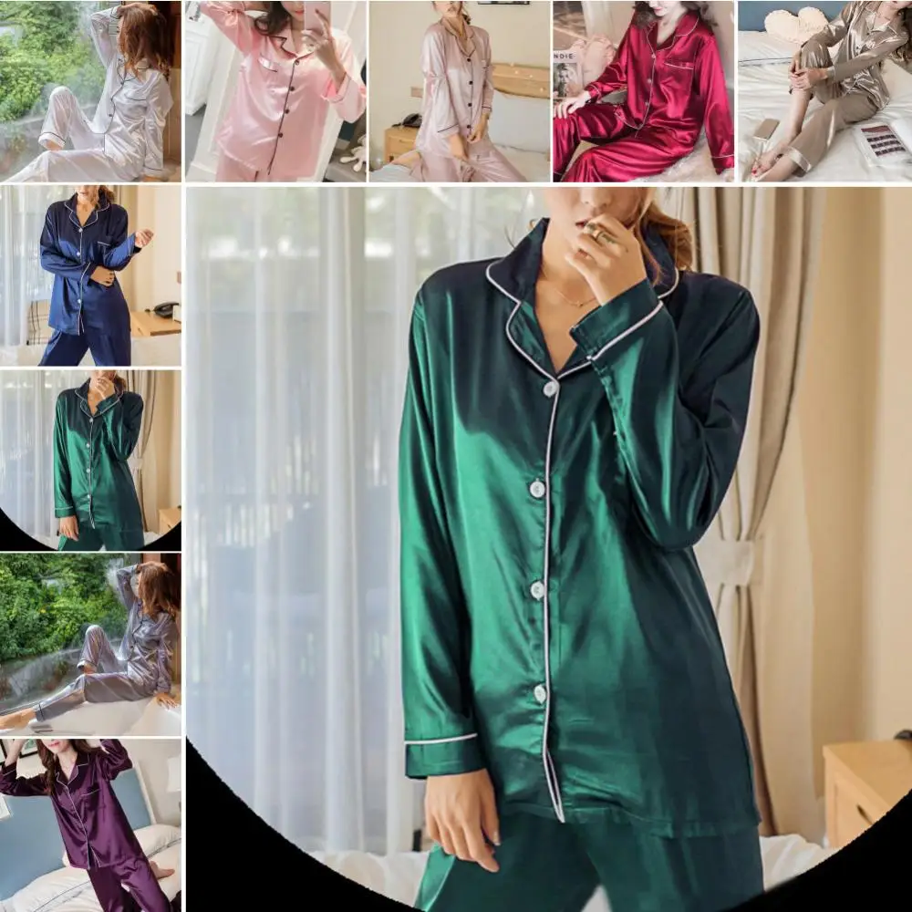 2 Pieces Women Silk Satin Pajamas Pyjamas Set Sleepwear Pijama Winter Long Sleeve Tops Pants Set Loungewear pyjama pour femme