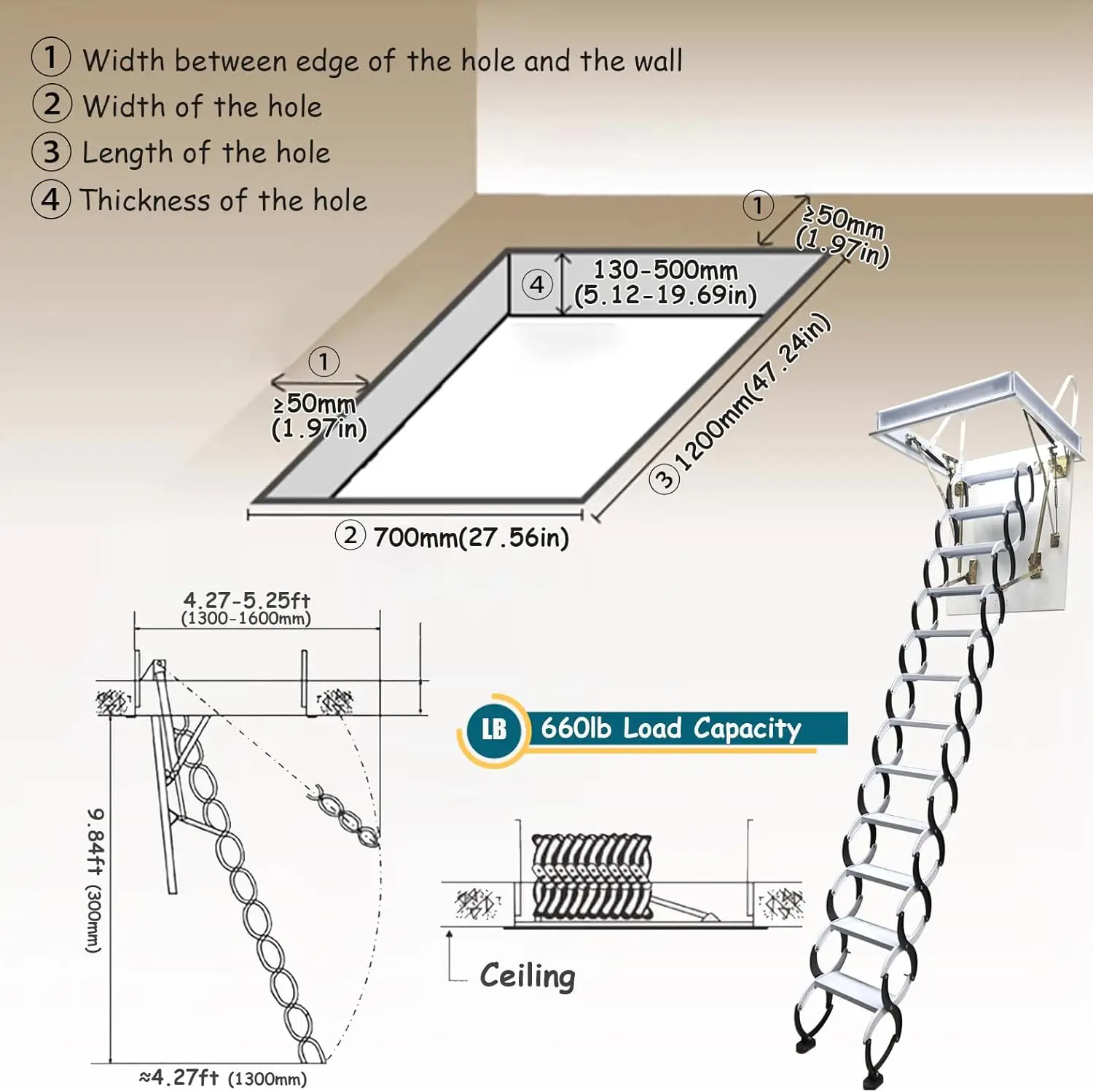 سلم سقف علوي قابل للسحب - سلالم علوية قابلة للطي باللون الأسود، أقصى ارتفاع 10 أقدام، سعة تحميل 600 رطل، سحب للأسفل