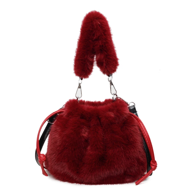 

Soft Pleated Drawstring Faux Fur Women's Bucket 2025 Luxury Designer Plush Handbags and Purses Soft Warm Winter Crossbody Bag