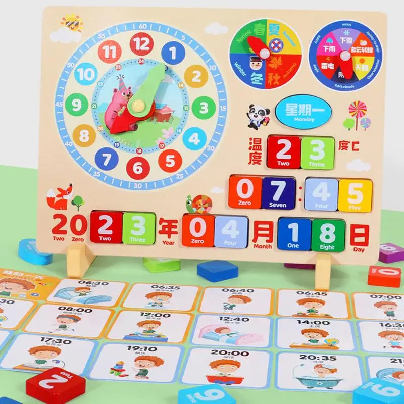 Calendrier en bois pour enfants, horloge, jouet pour apprendre l'heure, montage mural, tableau météo, âge des enfants