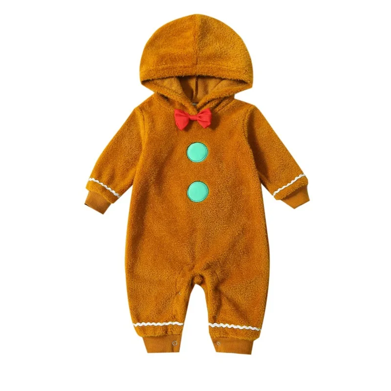 2023-07-20 Lioraitiin 0-24M Infant Baby Boy Girl Christmas Fuzzy Jumpsuit Gingerbread Man Cute Hooded Romper Outfit Clothes