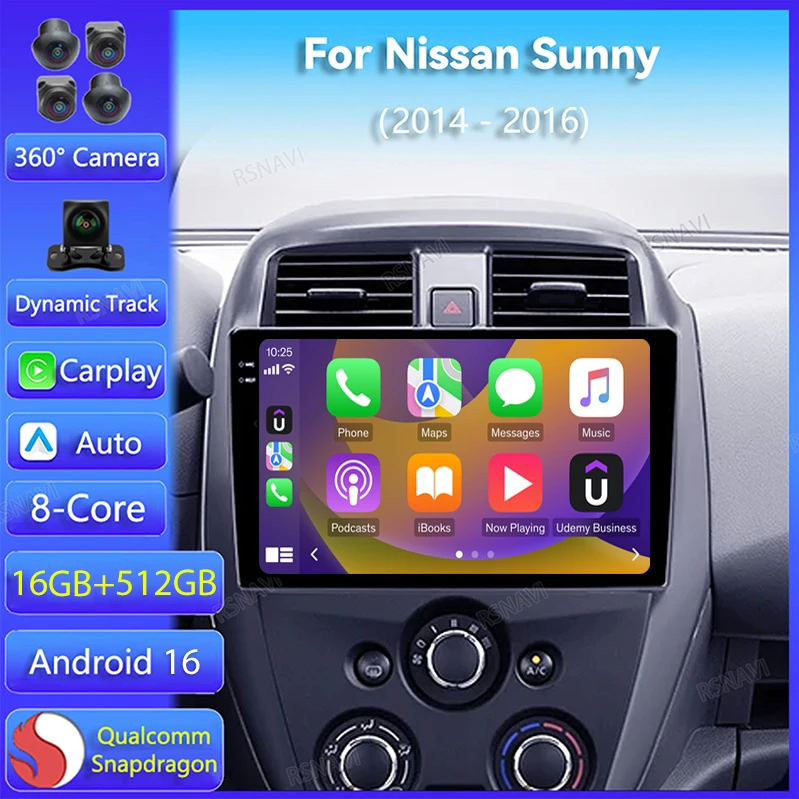 Radio para Auto con Android 16 y Carplay para Nissan Sunny 2014 2015 2016, GPS, Navegación, Reproductor de Video, Estéreo 2 Din, Cámara 360, Unidad Principal
