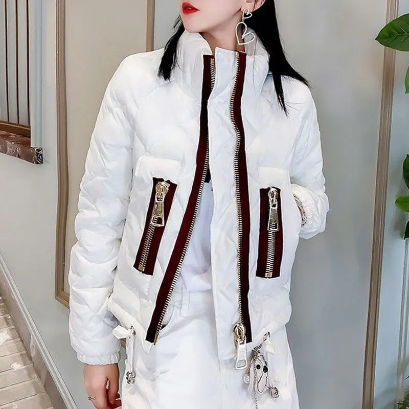 

Women's Clothing Cotton Liner Quilted Coats Winter Casual Solid Color Stand Collar Stylish Spliced Zipper Straight Down Jackets