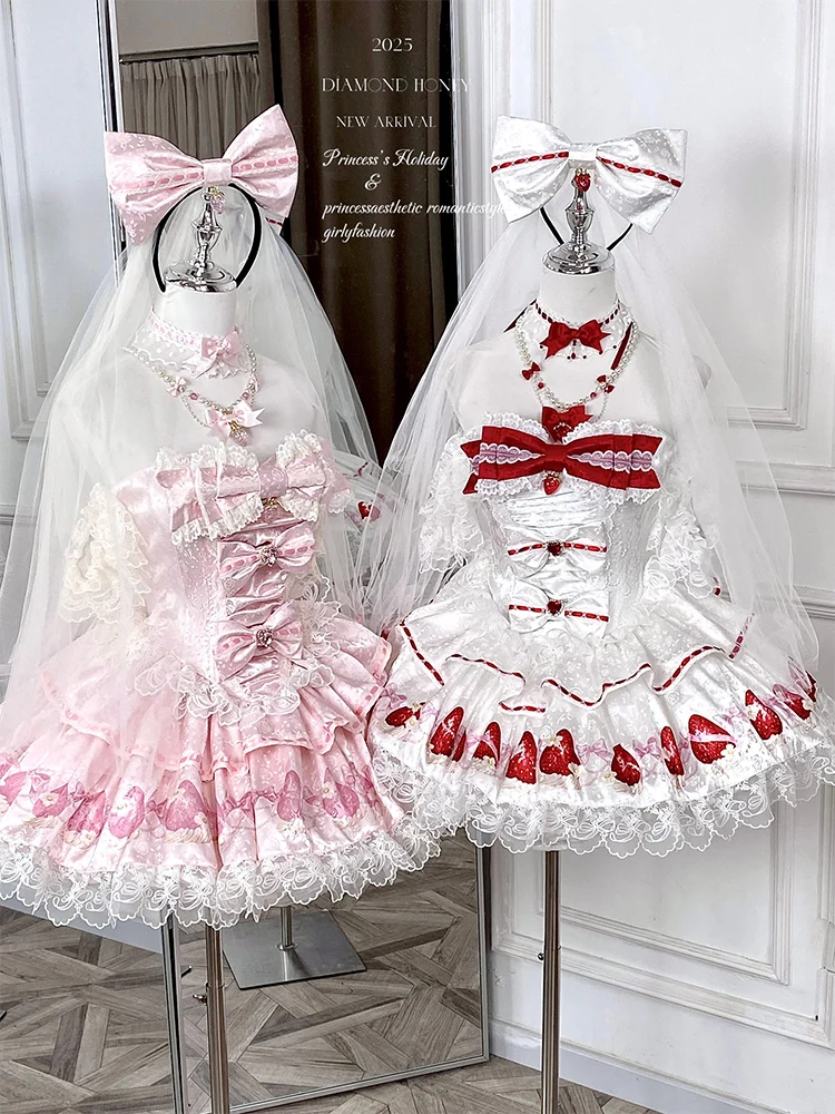 スイートウェディングドレス レディース ハイウエスト スリム スイートボウ チューブトップ + ロングスカート セット プリンセススタイル ストロベリープリント ロリータドレス