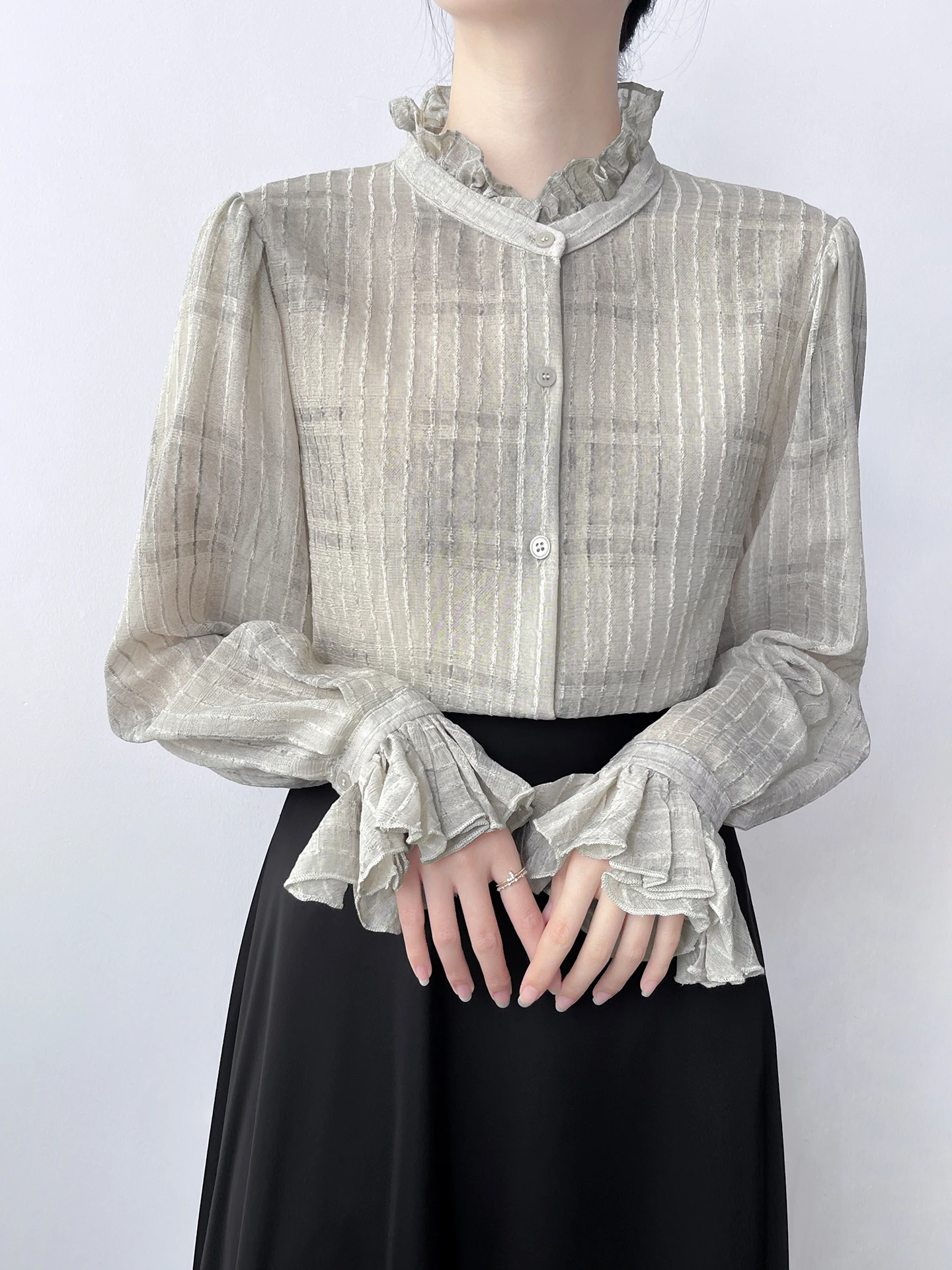 

Casual Loose Striped Shirt Women's French Style Loose Flared Sleeve Stand Collar Earlet Lace Trim Commute Top Korean Fashion