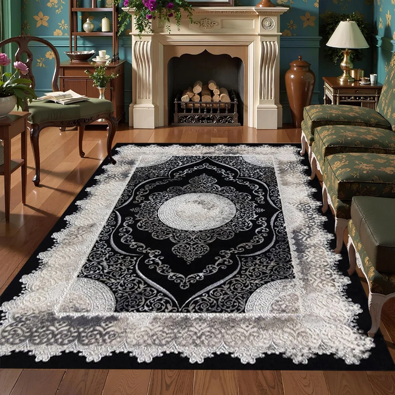 Vintage Oriental Vintage Medallion Carpet Elegant Charcoal Black White Area Rug Luxury Floor Mat Living Room Decoration